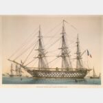 Vaisseau mixte de 1er rang au mouillage, corvette pavoisée, chaloupe armée en cutter.